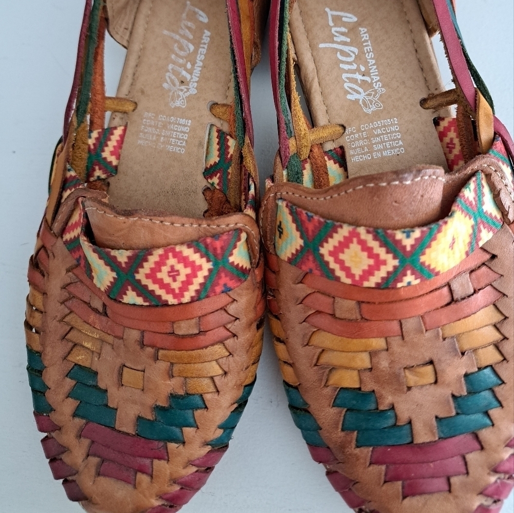 Artesanias Lupita Leather Wedge slip on Shoes sandals AZTEC Southwestern Artsy 6 - Picture 2 of 11